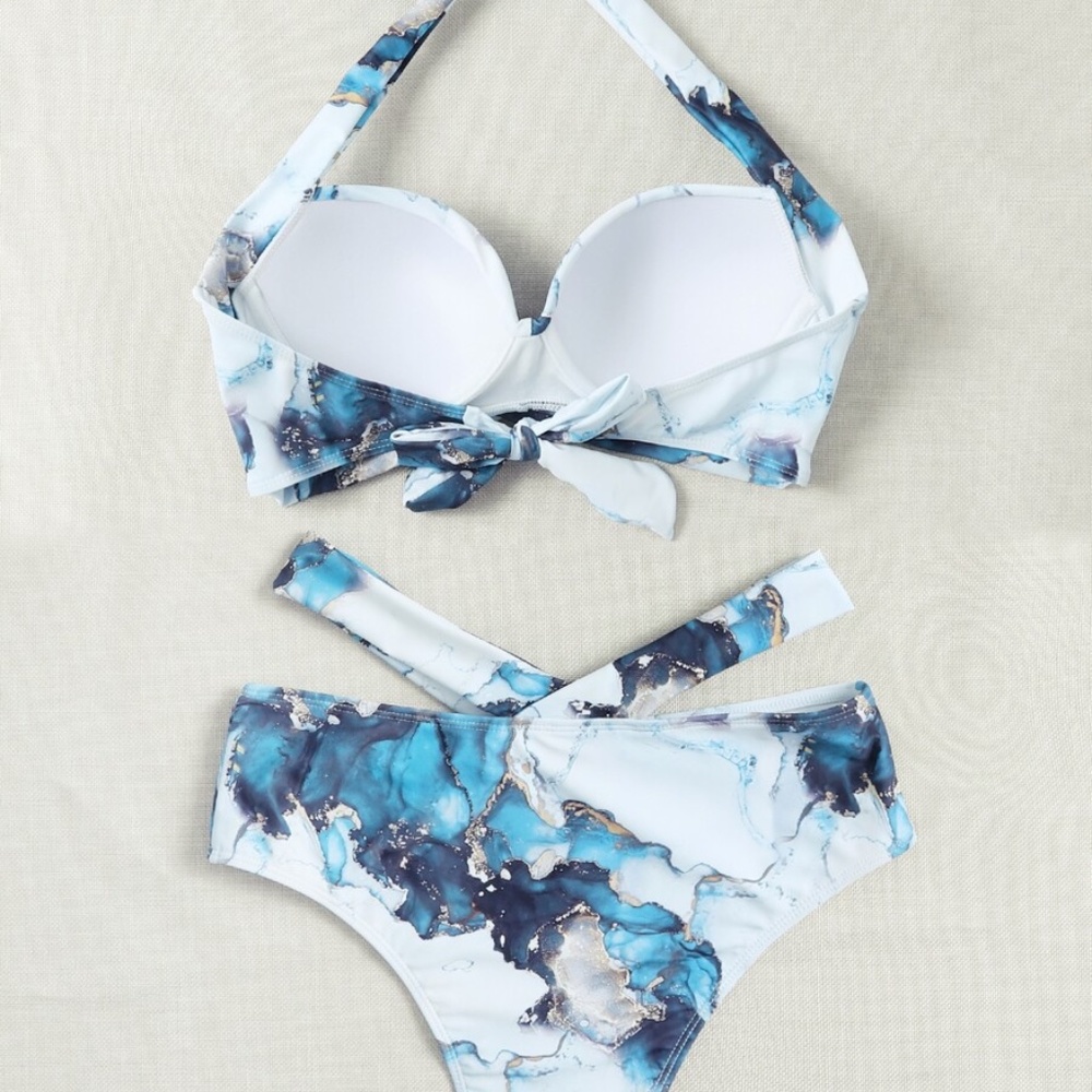Boho Marble Print High Waist Halter Bikini Swim Beach - Picture 4 of 4